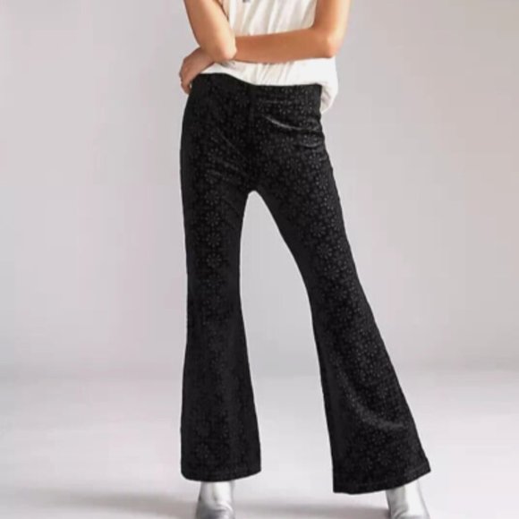 Anthropologie XL NWT The Joni Black Velvet Flare Pants Floral Geo Embroidery